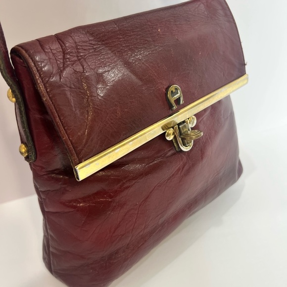 Vintage 60s 70s Leather Handbag AIGNER Handmade Shoulder Bag Maroon Purse - Picture 2 of 16